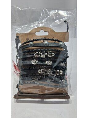 5 PC PU Leather Punk Bead Bracelet Stackable Adjustable Tie New 2